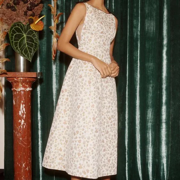 white christmas dresses Markarian - Markarian Rousseau Floral Brocade Midi Dress in Burgundy Metallic Daisy 2 main image 0